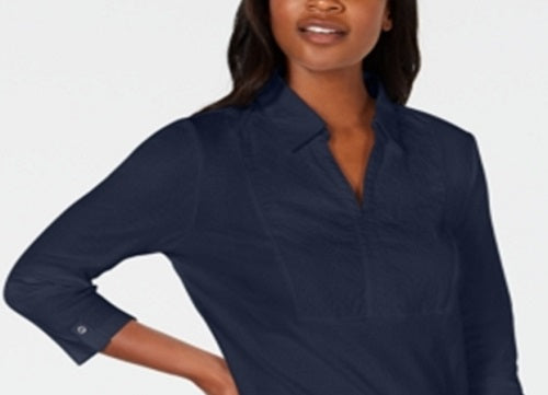 Karen Scott Women's Cotton Eyelet Yoke Top Blue Size Medium