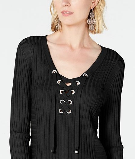 INC Iternational Concepts Women's Lace up Ribbed Knit Sweater Black Size Petite Small