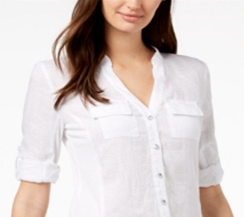 INC International Concepts Women's Linen Panel Button Down Top White Size Petite L