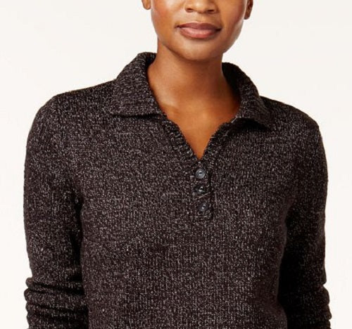 Karen Scott Women's Point Collar Marled Sweater Black Size Large