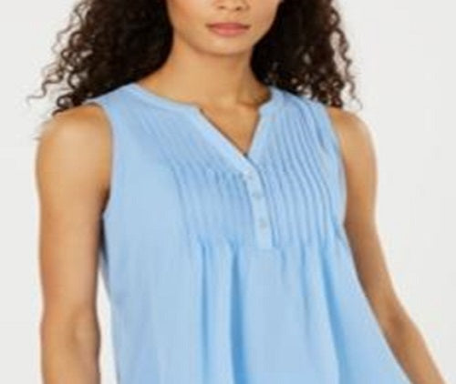 Charter Club Women's Sleeveless Pintuck Blouse Blue Size Large