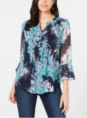 Charter Club Women's Printed Pintuck Top Blue Size X-Large