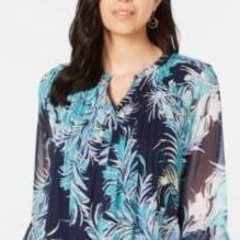 Charter Club Women's Printed Pintuck Top Blue Size X-Large