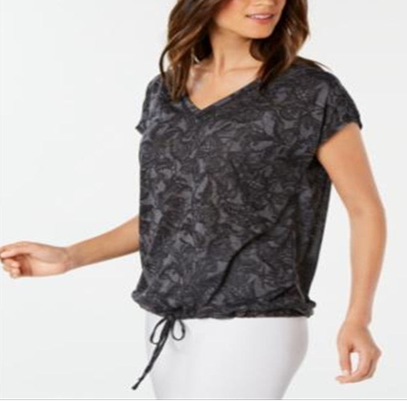 Ideology Women's Tie Front Printed Short Sleeve V Neck Top Black Size XL