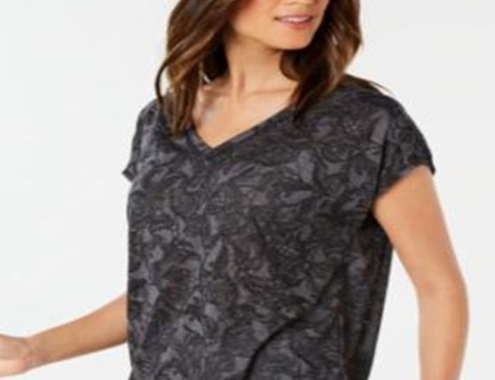 Ideology Women's Tie Front Printed Short Sleeve V Neck Top Black Size XL