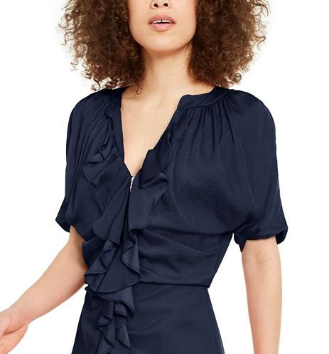 INC Iternational Concepts Women's Ruffle Zip up Dress Blue Size Medium