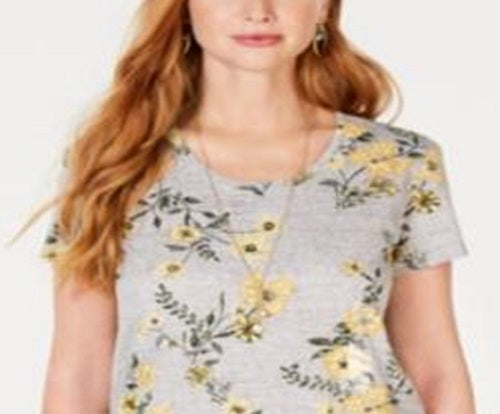 Style & Co Women's Cotton Floral-Print Top Gray Size Small