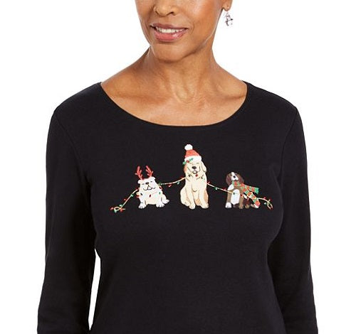 Karen Scott Women's Holiday Dog Graphic Shirt Black Size Petite L
