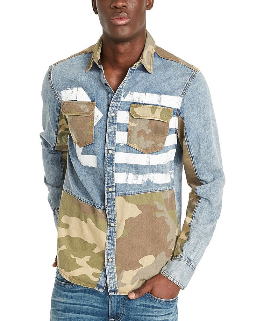 Buffalo David Bitton Men's Sarax Regular Fit Pieced Colorblocked Printed Shirt Blue Size Medium