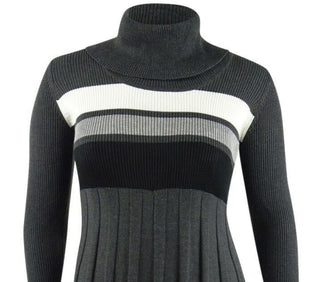 Calvin Klein Women's Ribbed Striped Long Sleeve Turtle Neck Below the Knee Accordion Pleat Dress Grey Size Medium