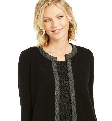Charter Club Women's Lurex Trim Cashmere Cardigan Black Size Large