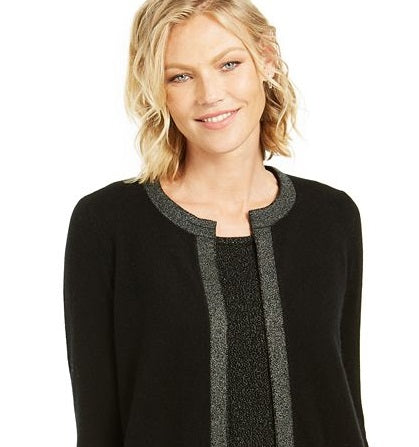 Charter Club Women's Lurex Trim Cashmere Cardigan Black Size X-Small