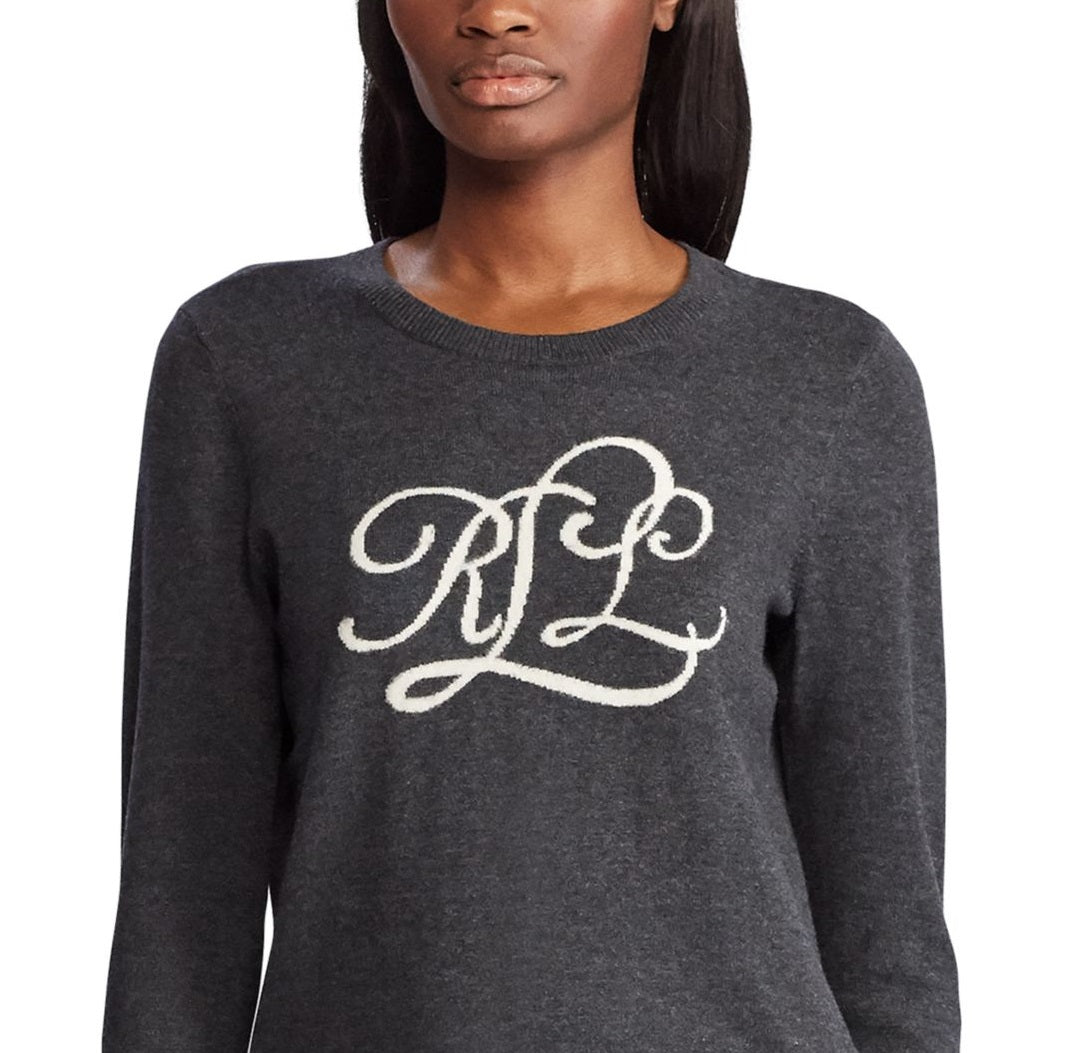 Ralph Lauren Women's Logo Graphic Long Sleeve Jewel Neck Sweater Grey Size Large