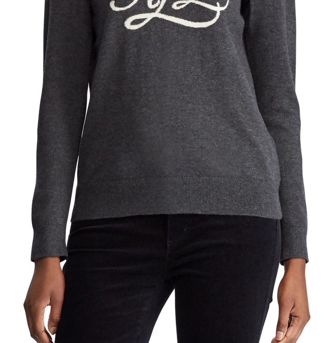 Ralph Lauren Women's Logo Graphic Long Sleeve Jewel Neck Sweater Grey Size Large