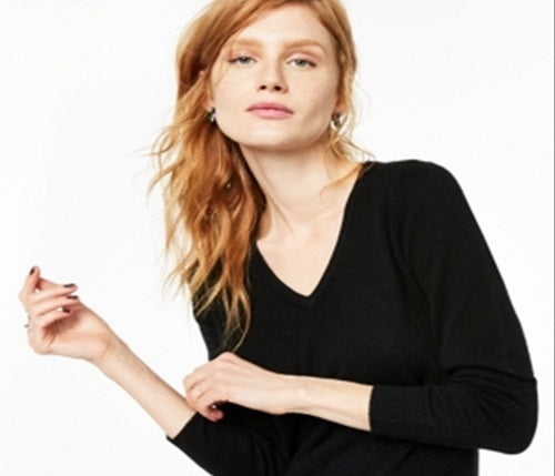 Charter Club Women's Cashmere Long Sleeve V Neck Sweater Black Size Petite Medium
