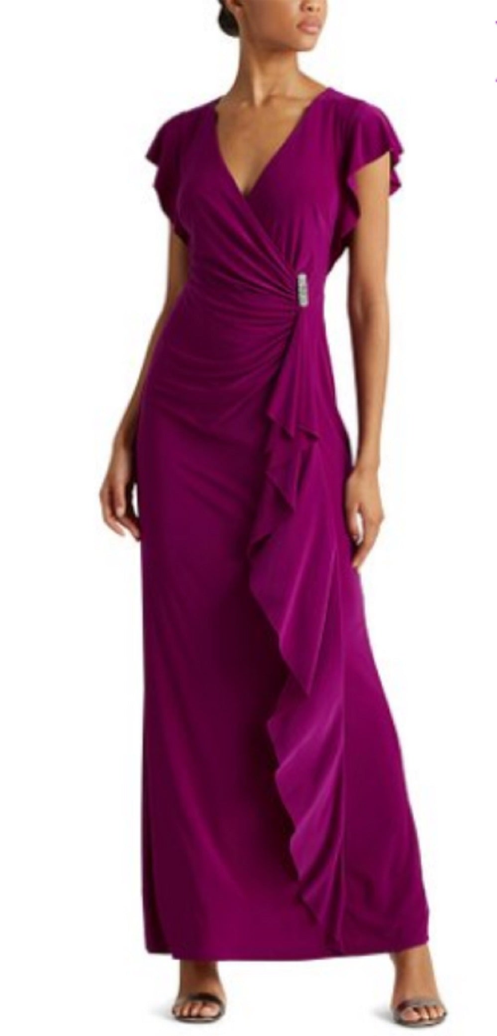 Ralph Lauren Women's Ruffle Flutter Sleeve Surplice Gown Purple Size 6