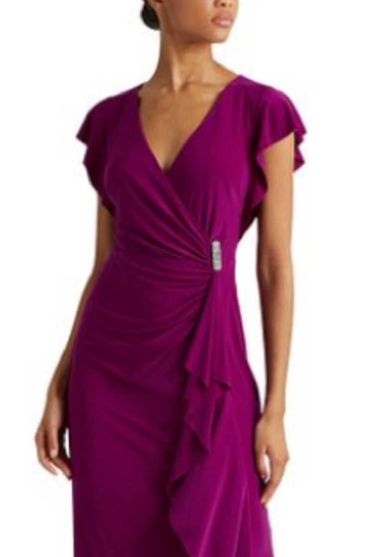 Ralph Lauren Women's Ruffle Flutter Sleeve Surplice Gown Purple Size 6
