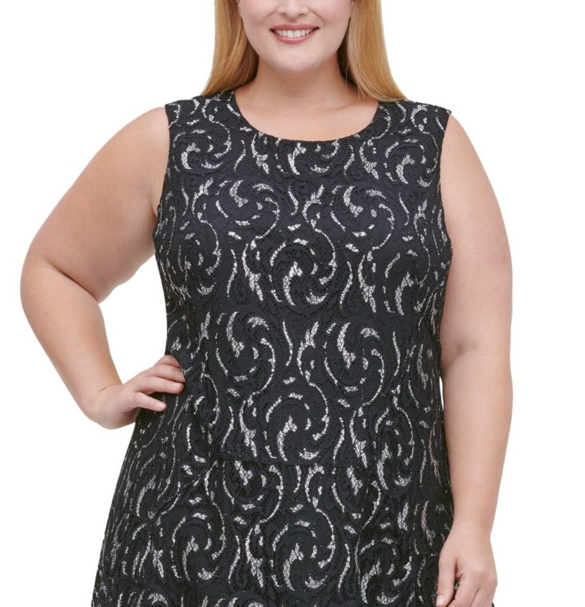 Tommy Hilfiger Women's Plus Metallic Lace Fit Flare Dress Black Size 20W