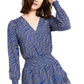 Michael Kors Women's Faux Wrap Long Sleeve Smocked Ruffle Dress Blue Size Large