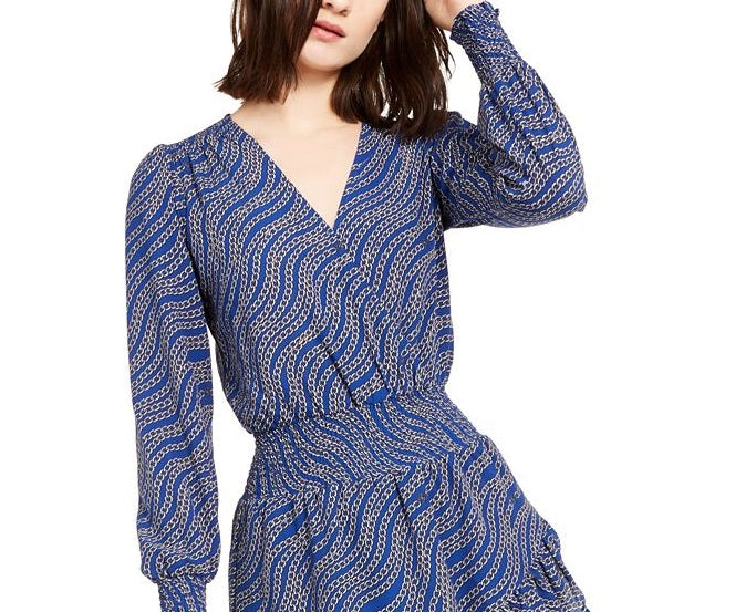 Michael Kors Women's Faux Wrap Long Sleeve Smocked Ruffle Dress Blue Size Large