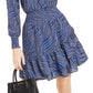 Michael Kors Women's Faux Wrap Long Sleeve Smocked Ruffle Dress Blue Size Large