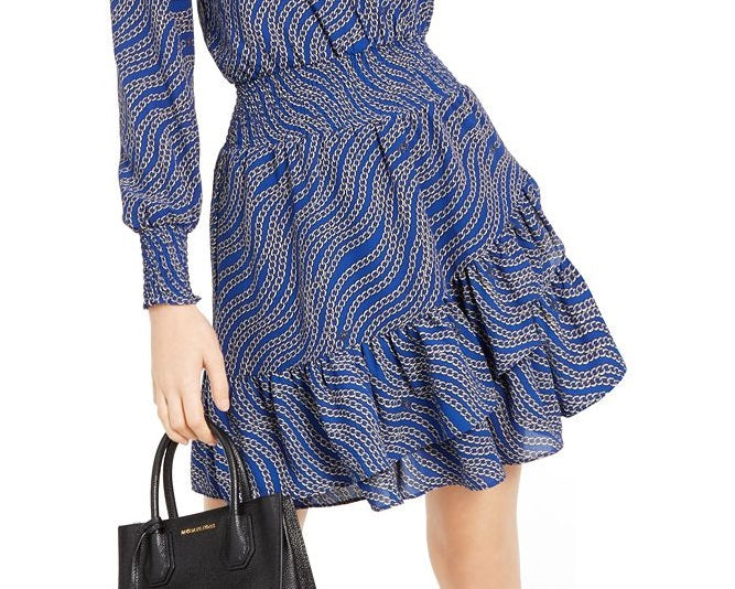 Michael Kors Women's Faux Wrap Long Sleeve Smocked Ruffle Dress Blue Size Large