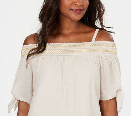 JM Collection Women's  Smocked Off-the-Shoulder Gauze Top Brown Size S