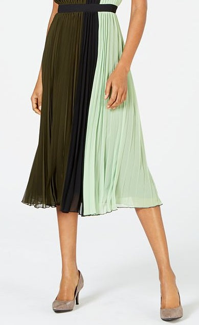 Alfani Women's Colorblocked Pleated MIDI Dress Green Size 6 Petite