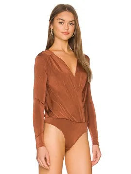 Free People Women's Turnt Surplice V Neck Bodysuit Brown Size XL