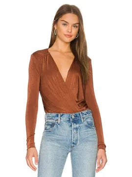 Free People Women's Turnt Surplice V Neck Bodysuit Brown Size XL