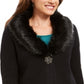 JM Collection Women's Holiday Party Faux Fur Collar & Brooch Cardigan Black Size Medium