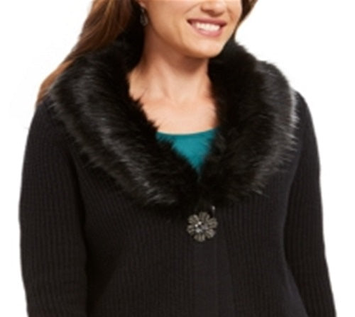 JM Collection Women's Holiday Party Faux Fur Collar & Brooch Cardigan Black Size Medium