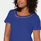 Karen Scott Women's Lattice Neck Embellished Cotton Top Blue  Size Medium