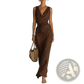 Sleek Brown Satin Cowl Neck Resort Maxi Dress