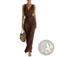 Sleek Brown Satin Cowl Neck Resort Maxi Dress