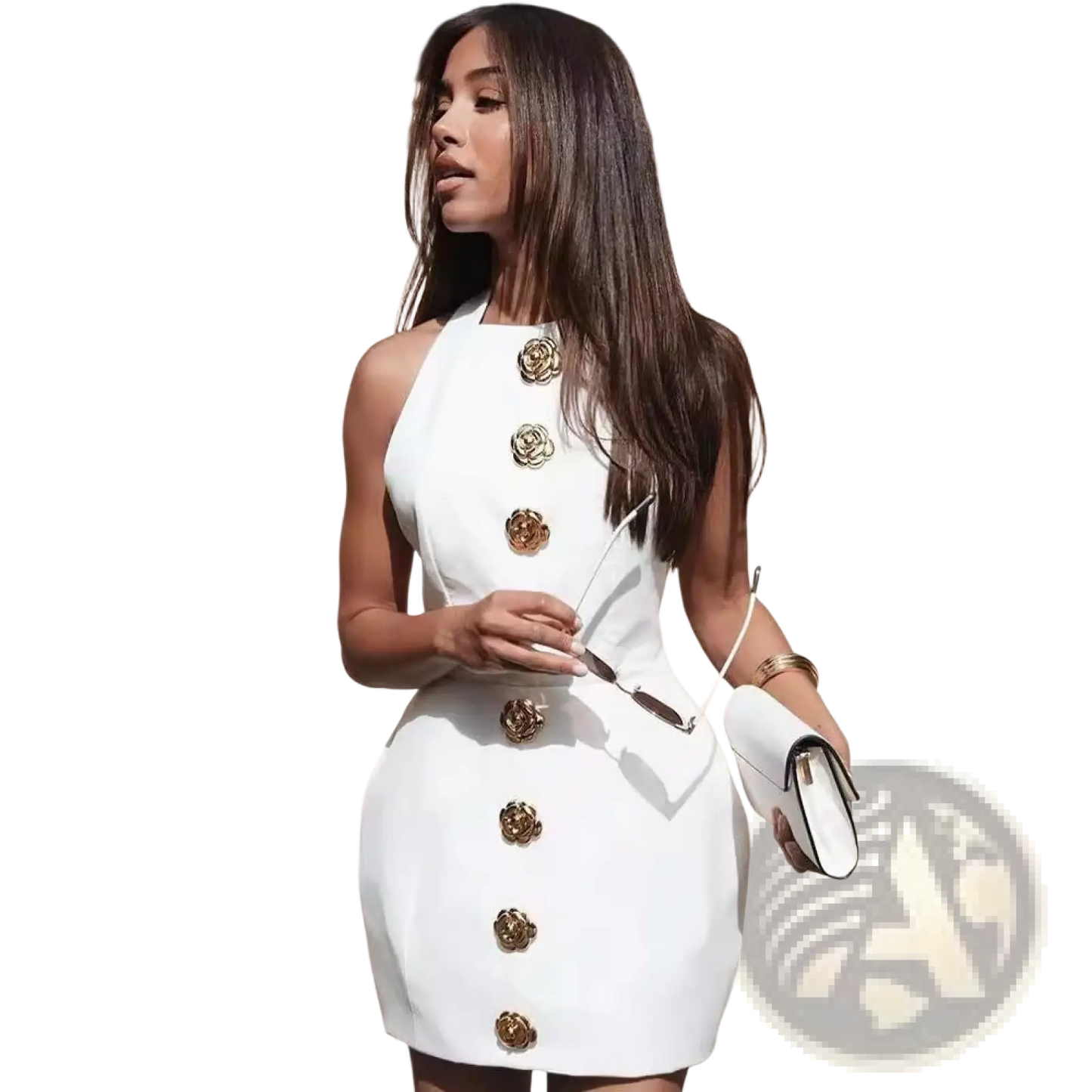 Sleeveless Backless Mini Dress with Gold Rose Buttons