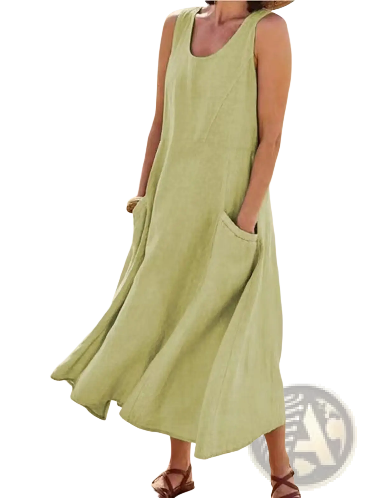 Sleeveless Linen A-line Maxi Dress with Pockets