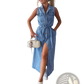 Sleeveless Tie Waist Denim Maxi Dress with Side Slit