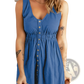 Sleeveless v Neck Button Front a Line Dress