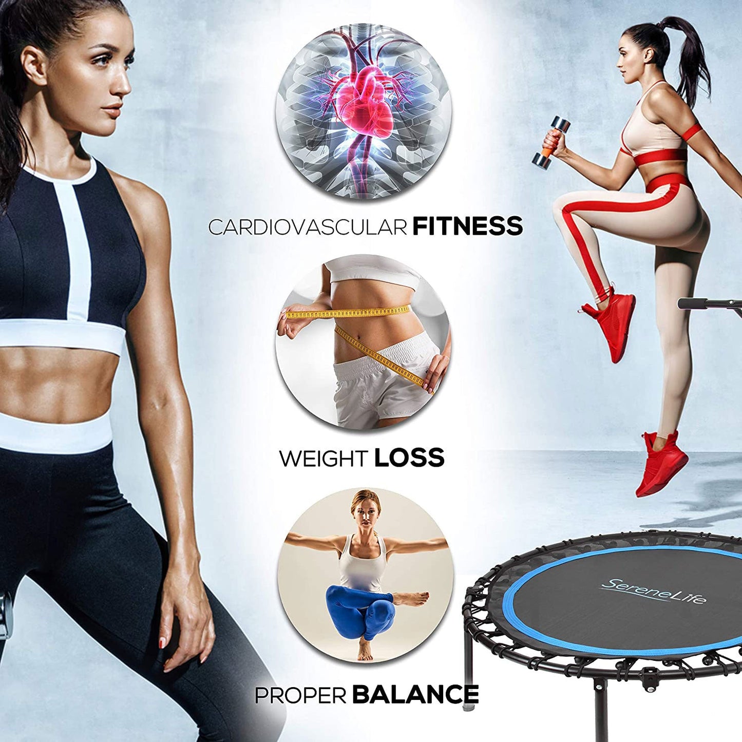SereneLife 40 Inch Indoor Outdoor Fitness Cardio Sports Trampoline with Handrail