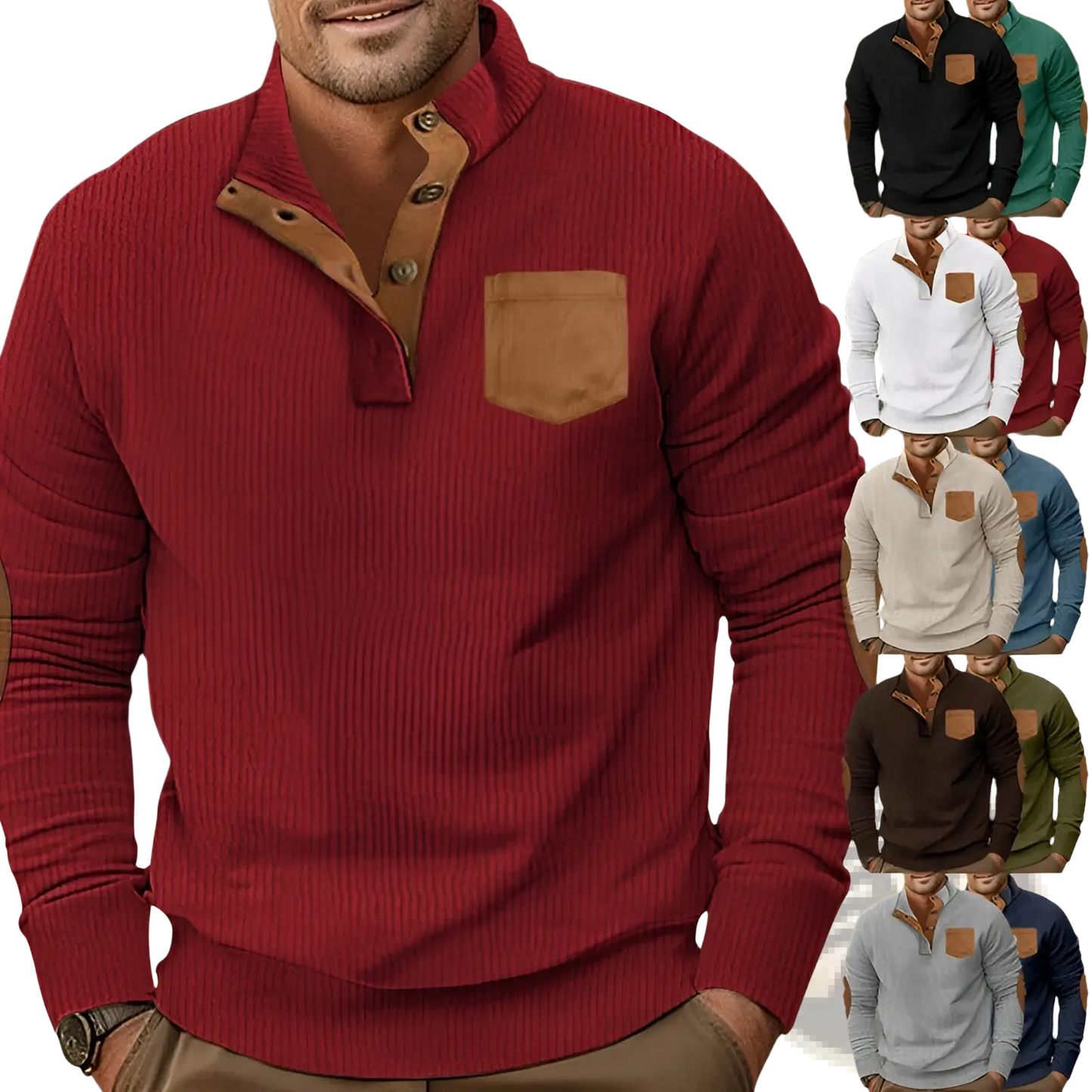Slim Fit Corduroy Patchwork Pullover with Contrast Accents
