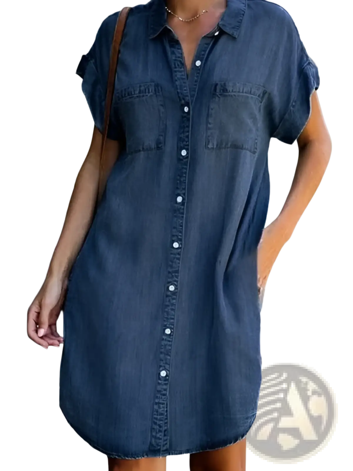 Slim Fit Short Sleeve Button Front Denim Midi Dress