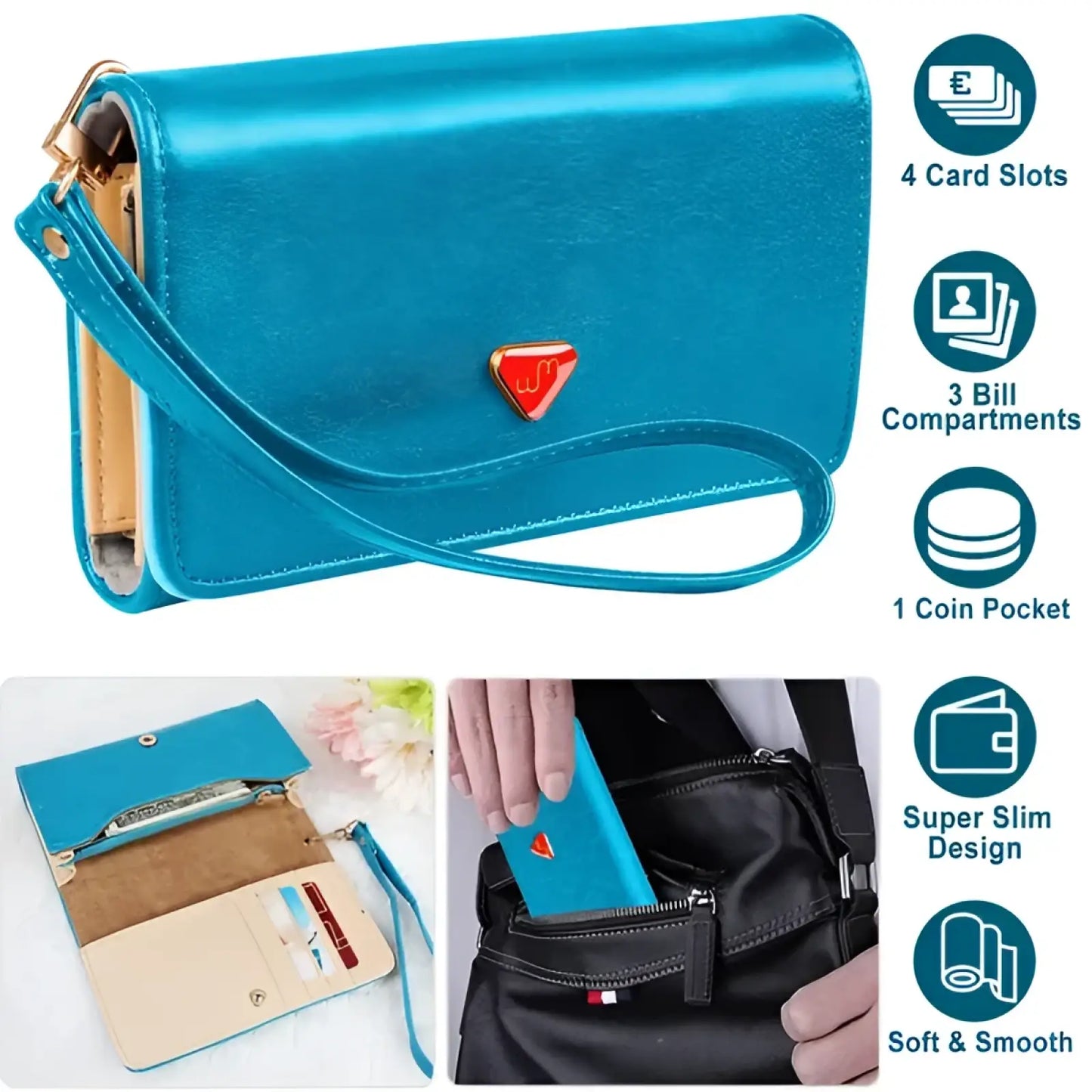 Slim Women's Teal Pu Leather Wristlet Wallet with Coin Pocket