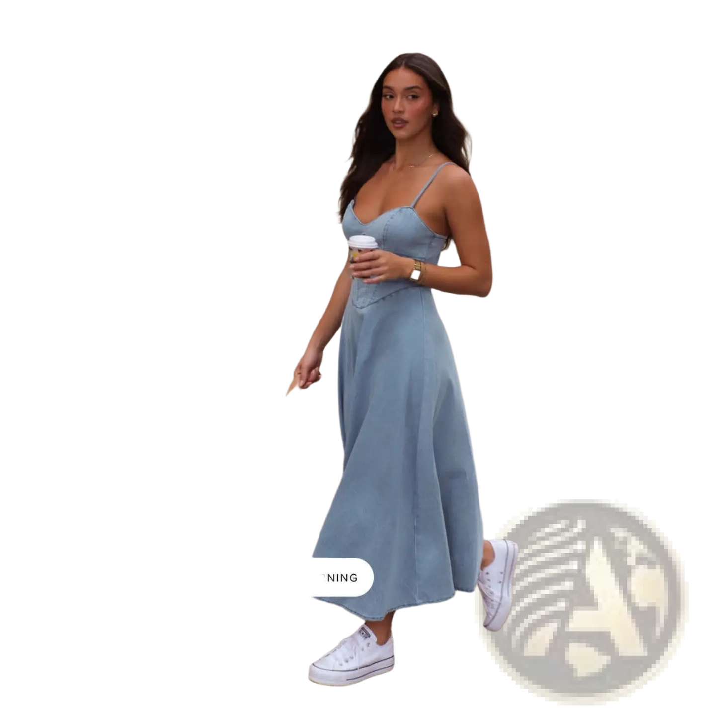 Slimming Light Blue Faux Denim Midi Dress with Spaghetti Straps