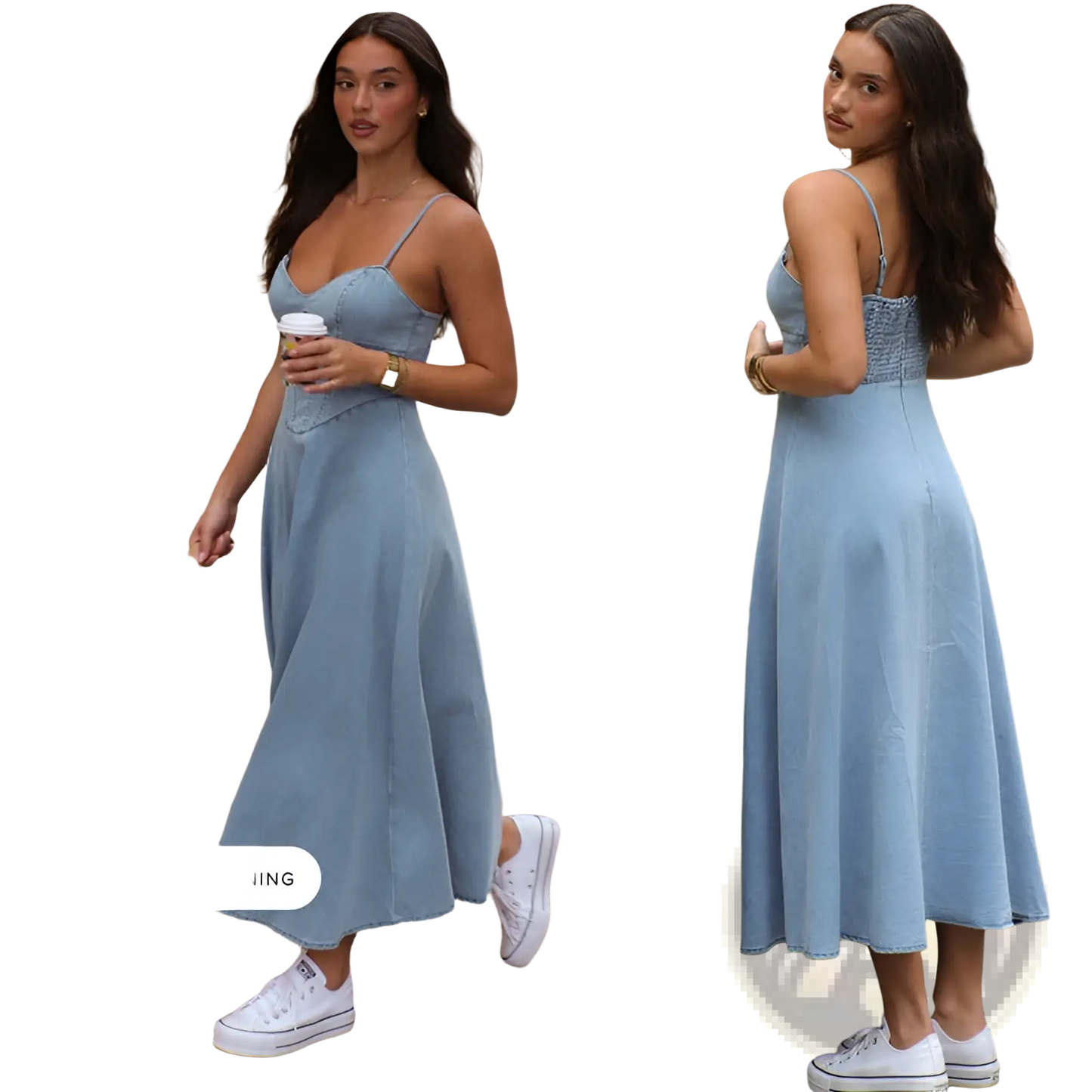 Slimming Light Blue Faux Denim Midi Dress with Spaghetti Straps