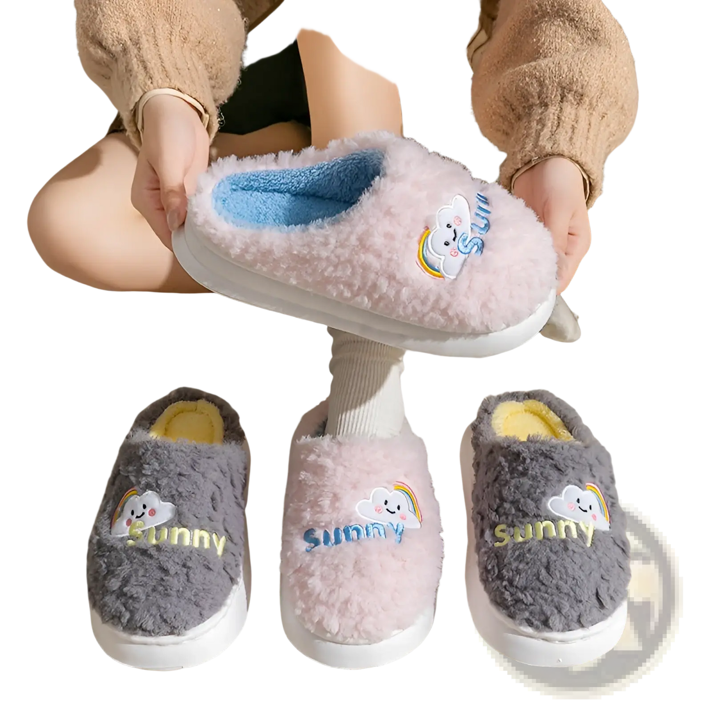 Smiling Cloud and Rainbow Plush Cotton Slippers