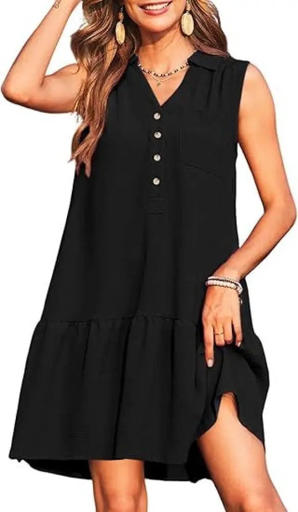 Tiered V-neck Sleeveless Button Front Summer Dress