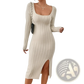 Square Neck Ribbed Knit Midi Dress with Side Slit