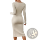 Square Neck Ribbed Knit Midi Dress with Side Slit