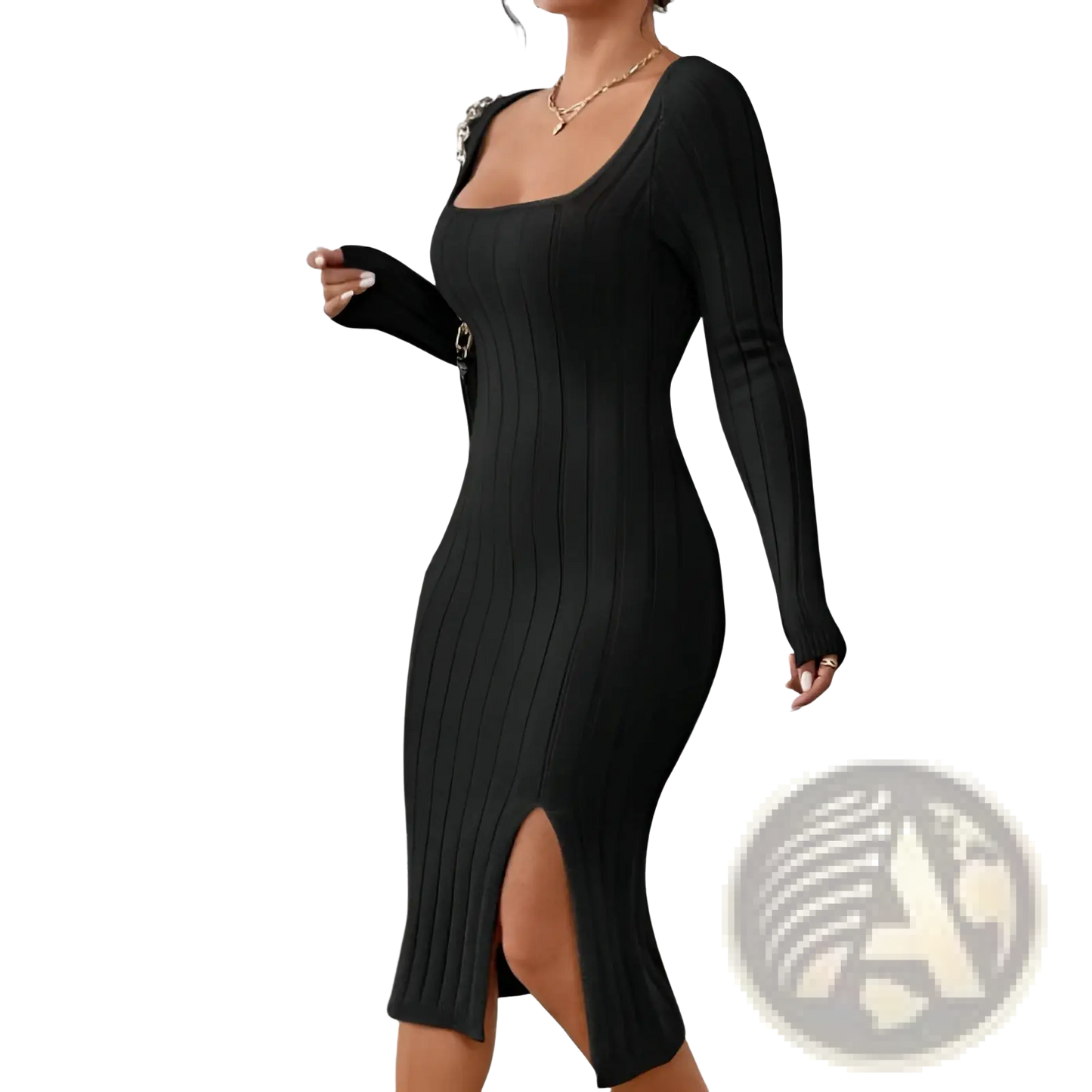 Square Neck Ribbed Knit Midi Dress with Side Slit